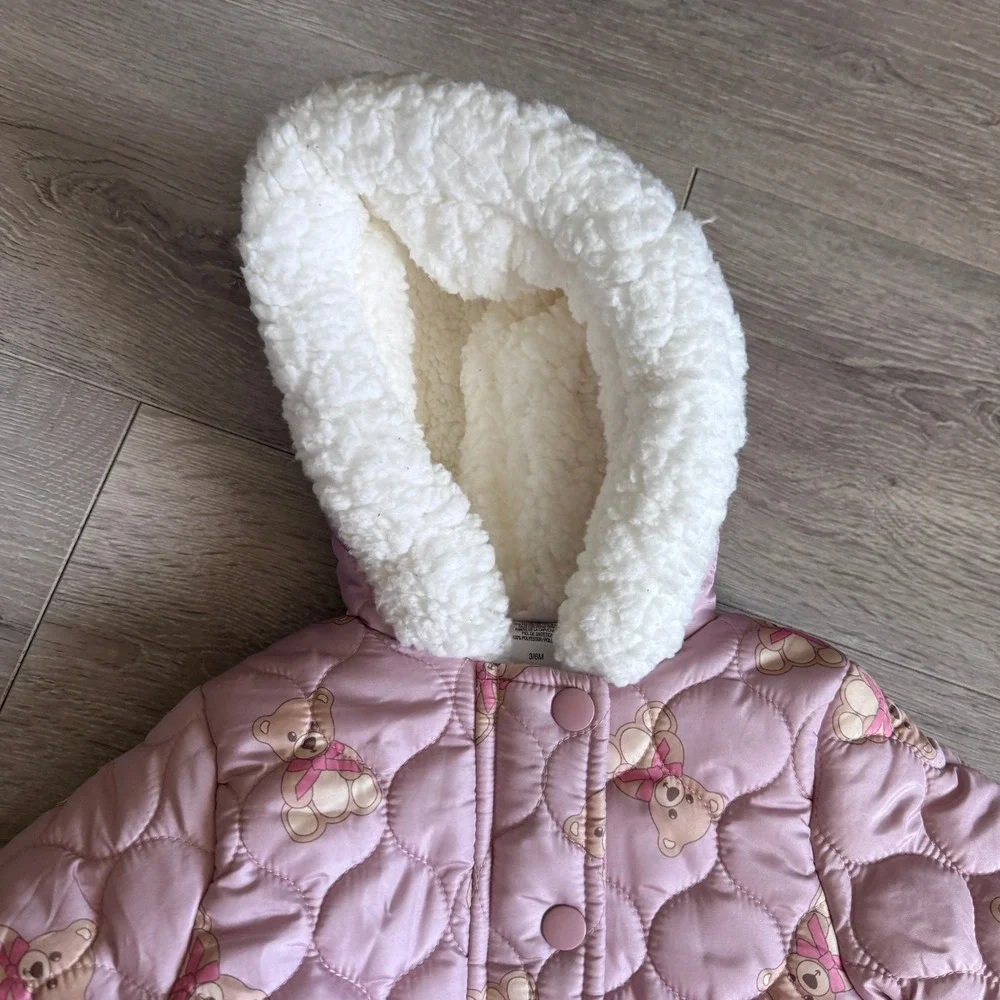 Little Lass Baby Girl Pink Quilted Teddy Bear Pram Suit Hooded Bunting 3-6M